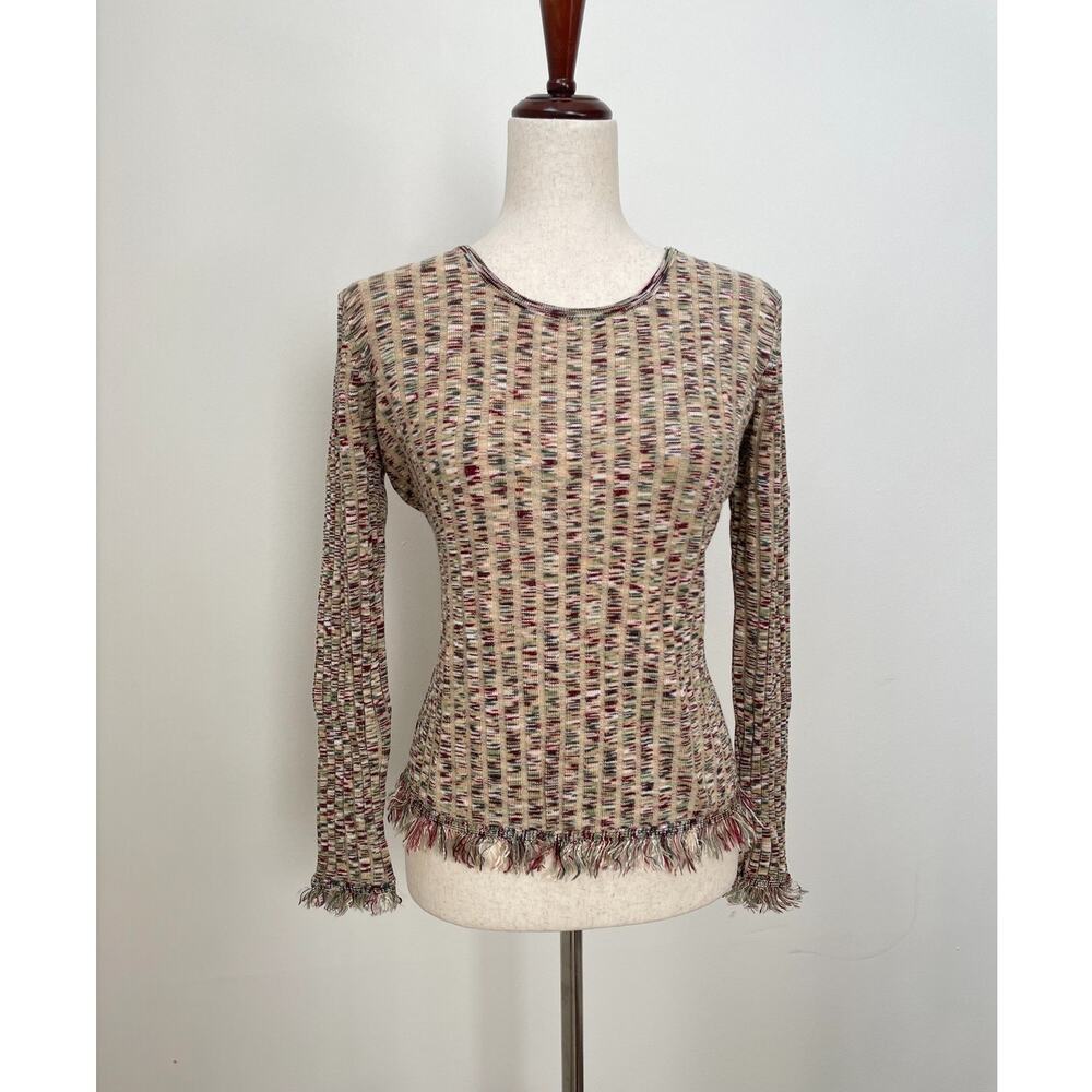 y2k Ribbed Knit Fringe Trim Sweater Womens M Multicolor Fitted Indie Sleaze
